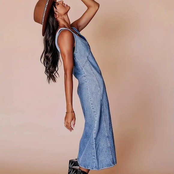 V-Neck Side Zip Denim Dress - Picture 2 of 6